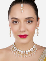 Women's Gold Tone Dazzling Stones Beads Choker Necklace Earring Maangtikka Set-ZPFK17116
