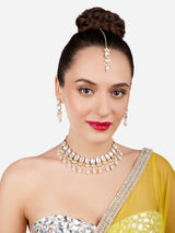 Women's Gold Tone Dazzling Stones Beads Choker Necklace Earring Maangtikka Set-ZPFK17116
