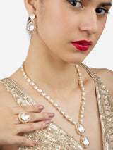 Women's Gold Tone Dazzling Austrian Diamonds Kundan Embellished Necklace Earrings& Ring Set-ZPFK17131