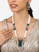 Women's Green Crystals Blue Meenakari Kundan Multistrand Necklace Earring & Ring Set-ZPFK17138