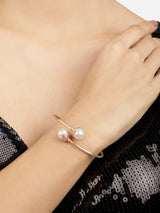 Women's Rose Gold Tone Dazzling Cubic Zirconia and Pearls Embellished Brass Kada Style Bracelet