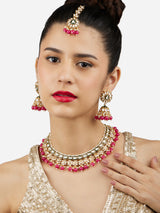 Women's Green Meenakari & Rani Pink Beads Drop Kundan Choker Necklace Earring & Maangtikka Set-ZPFK17188