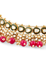 Women's Green Meenakari & Rani Pink Beads Drop Kundan Choker Necklace Earring & Maangtikka Set-ZPFK17188