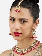 Women's Green Meenakari & Rani Pink Beads Drop Kundan Choker Necklace Earring & Maangtikka Set-ZPFK17188