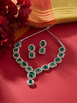 Women's Green Stones and Dazzling Austrian Diamonds Embellished Necklace and Earring Set