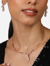 Women's Rose Gold Tone Cubic Zirconia Embellished Contemporary Brass Necklace Earring Set-ZPFK17230