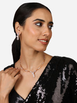 Women's Rose Gold Tone Cubic Zirconia Embellished Contemporary Brass Necklace Earring Set-ZPFK17230