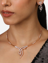Women's Rose Gold Tone Cubic Zirconia Embellished Contemporary Brass Necklace Earring Set