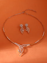 Women's Rose Gold Tone Cubic Zirconia Embellished Contemporary Brass Necklace Earring Set