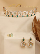 Women's Green Stones Dazzling Austrian Diamonds Necklace Earring & Ring Set