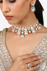 Women's Green Stones Dazzling Austrian Diamonds Rajwada Necklace Earring & Ring Set
