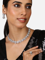 Women's Silver Tone Dazzling Austrian Diamonds Contemporary Necklace Earring and Ring Set