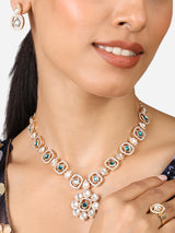 Women's Green Stones Austrian Diamonds Kundan Necklace Earrings & Ring Set