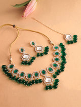 Women's Green Stones Beads Embellished Necklace Earring & Maangtikka Set
