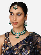 Women's Green Stones Beads Embellished Necklace Earring & Maangtikka Set