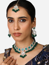 Women's Green Stones Beads Embellished Necklace Earring & Maangtikka Set