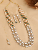 Women's Multistrand Beaded Long Dazzling Stones Necklace Earring & Maangtikka Set-ZPFK17316