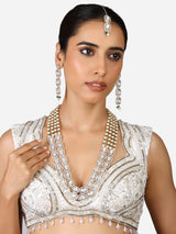 Women's Multistrand Beaded Long Dazzling Stones Necklace Earring & Maangtikka Set-ZPFK17316