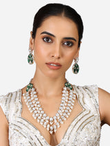 Women's Green Meenakari Dazzling Stones & Beads Layered Kundan Necklace & Earring Set-ZPFK17322