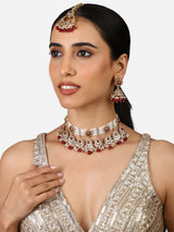 Women's Red Stones Beads Kundan Crescent Floral Choker Necklace Earring & Maangtikka Set-ZPFK17356
