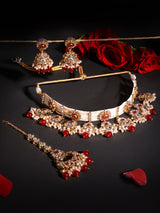Women's Red Stones Beads Kundan Crescent Floral Choker Necklace Earring & Maangtikka Set-ZPFK17356