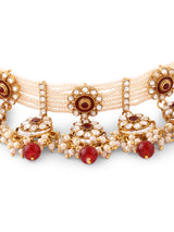 Women's Red Stones Beads Kundan Crescent Floral Choker Necklace Earring & Maangtikka Set-ZPFK17356