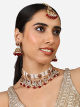 Women's Red Stones Beads Kundan Crescent Floral Choker Necklace Earring & Maangtikka Set-ZPFK17356
