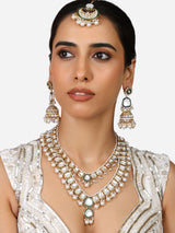 Women's Green Meenakari Kundan Pearls Layered Bridal Necklace Earring and Maangtikka Set