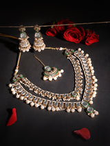 Women's Green Meenakari Kundan Pearls Layered Bridal Necklace Earring and Maangtikka Set