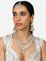 Women's Green Meenakari Kundan Pearls Layered Bridal Necklace Earring and Maangtikka Set