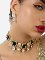 Women's Green Stones Austrian Diamonds Embellished Choker Necklace & Earring Set-ZPFK17554