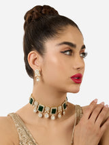 Women's Green Stones Austrian Diamonds Embellished Choker Necklace & Earring Set-ZPFK17554