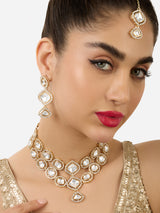 Women's Gold Tone Dazzling Stones Embellished Choker Necklace Earring & Maangtikka Set-ZPFK17560