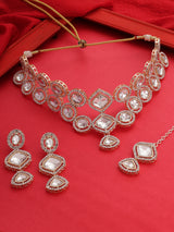 Women's Gold Tone Dazzling Stones Embellished Choker Necklace Earring & Maangtikka Set-ZPFK17560
