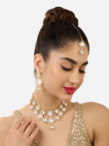 Women's Gold Tone Dazzling Stones Embellished Choker Necklace Earring & Maangtikka Set-ZPFK17560