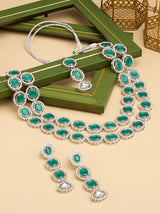 Women's Green Stones Dazzling Austrian Diamonds Layered Necklace Earring & Maangtikka Set