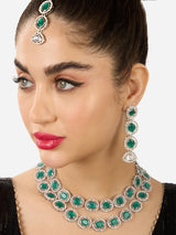 Women's Green Stones Dazzling Austrian Diamonds Layered Necklace Earring & Maangtikka Set