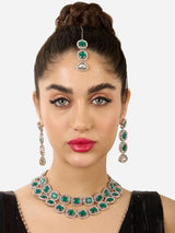 Women's Green Stones Dazzling Austrian Diamonds Layered Necklace Earring & Maangtikka Set