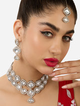 Women's Silver Tone Dazzling Stones Embellished Choker Necklace Earring & Maangtikka Set-ZPFK17570