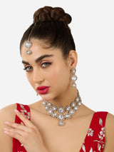 Women's Silver Tone Dazzling Stones Embellished Choker Necklace Earring & Maangtikka Set-ZPFK17570