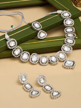 Women's Silver Tone Dazzling Stones Embellished Necklace Earring & Maangtikka Set-ZPFK17571