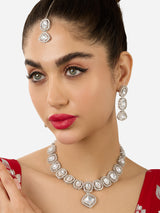 Women's Silver Tone Dazzling Stones Embellished Necklace Earring & Maangtikka Set-ZPFK17571