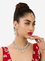 Women's Silver Tone Dazzling Stones Embellished Necklace Earring & Maangtikka Set-ZPFK17571