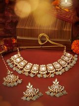 Women's Green Beads Traditional Kundan Choker Necklace Earring & Maangtikka Set-ZPFK17583
