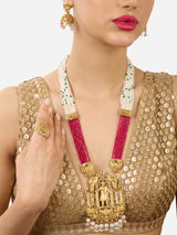 Women's Pink Crystals Beaded Multistrand Darbari Inspired Necklace Earring & Ring Set-ZPFK17588