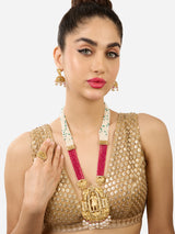 Women's Pink Crystals Beaded Multistrand Darbari Inspired Necklace Earring & Ring Set-ZPFK17588
