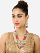 Women's Sky Blue & Pink Multistrand Beaded Kundan Bridal Long Necklace & Earring Set-ZPFK17590