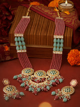 Women's Sky Blue & Pink Multistrand Beaded Kundan Bridal Long Necklace & Earring Set-ZPFK17590