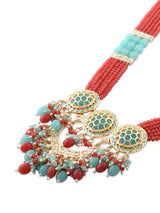 Women's Sky Blue & Pink Multistrand Beaded Kundan Bridal Long Necklace & Earring Set-ZPFK17590