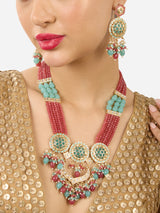 Women's Sky Blue & Pink Multistrand Beaded Kundan Bridal Long Necklace & Earring Set-ZPFK17590